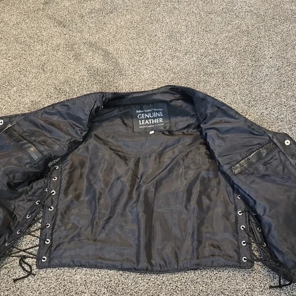 Italian Stone Desigh Women Genuine Black Leather Fringe Vest Moto Biker Sz L - Picture 6 of 7